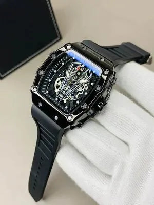 Richard Black Belt Skeleton Watch Black Rubber Strap